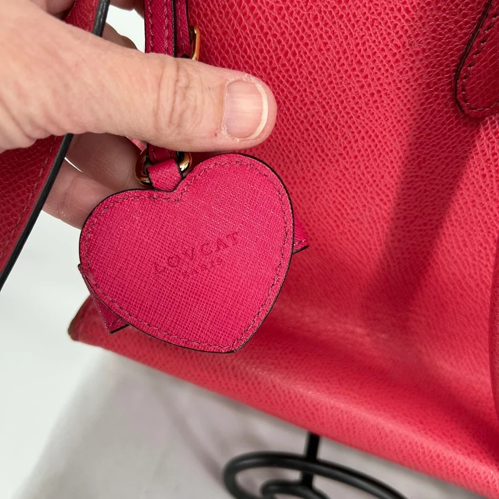LOVCAT Paris Pink Textured Leather‎ Heart Charm Satchel Handbag Gold Accents